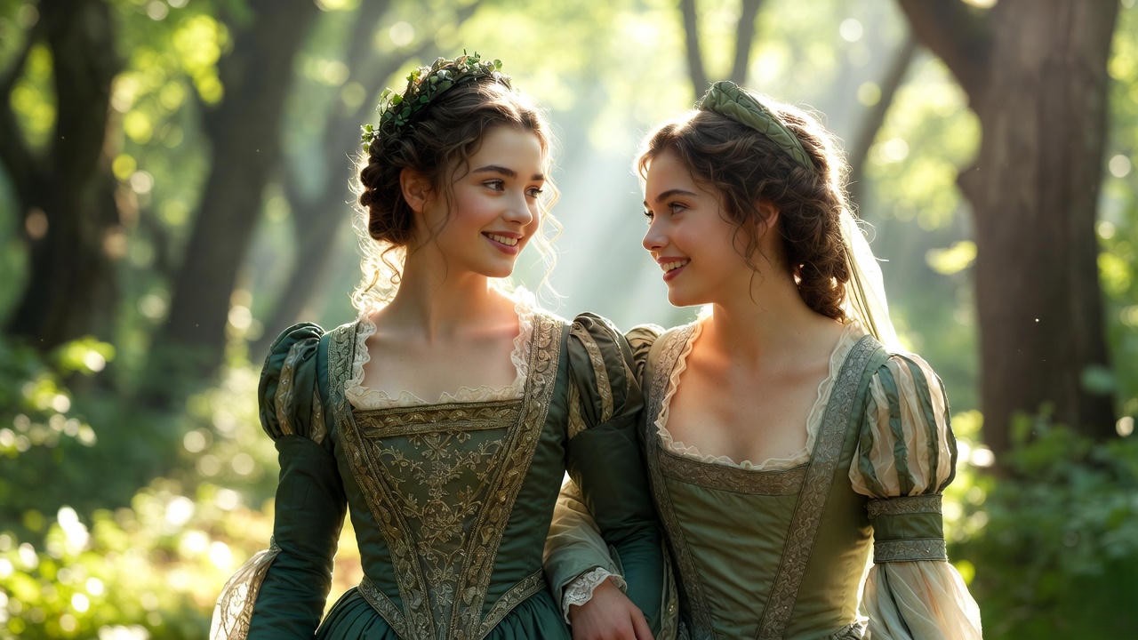 Rosalind and Celia walking together in the Forest of Arden, symbolizing loyal gold friendship in Shakespeare's As You Like It