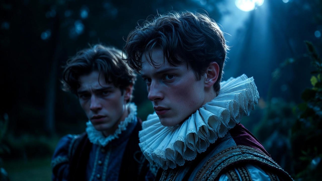 Proteus betraying his old friend Valentine in a moonlit garden, warning of imbalance in friendships from Shakespeare's Two Gentlemen of Verona