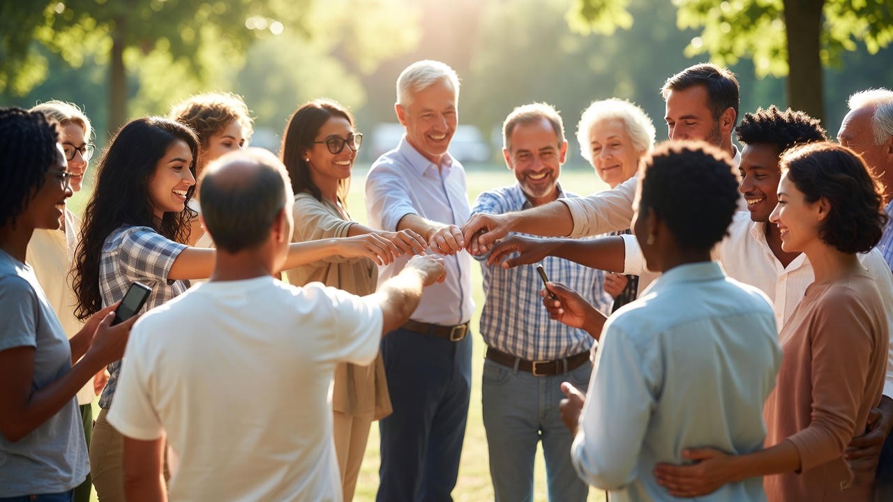 Diverse group of modern friends connecting in a park, representing balance between old gold and new silver friendships inspired by Shakespeare