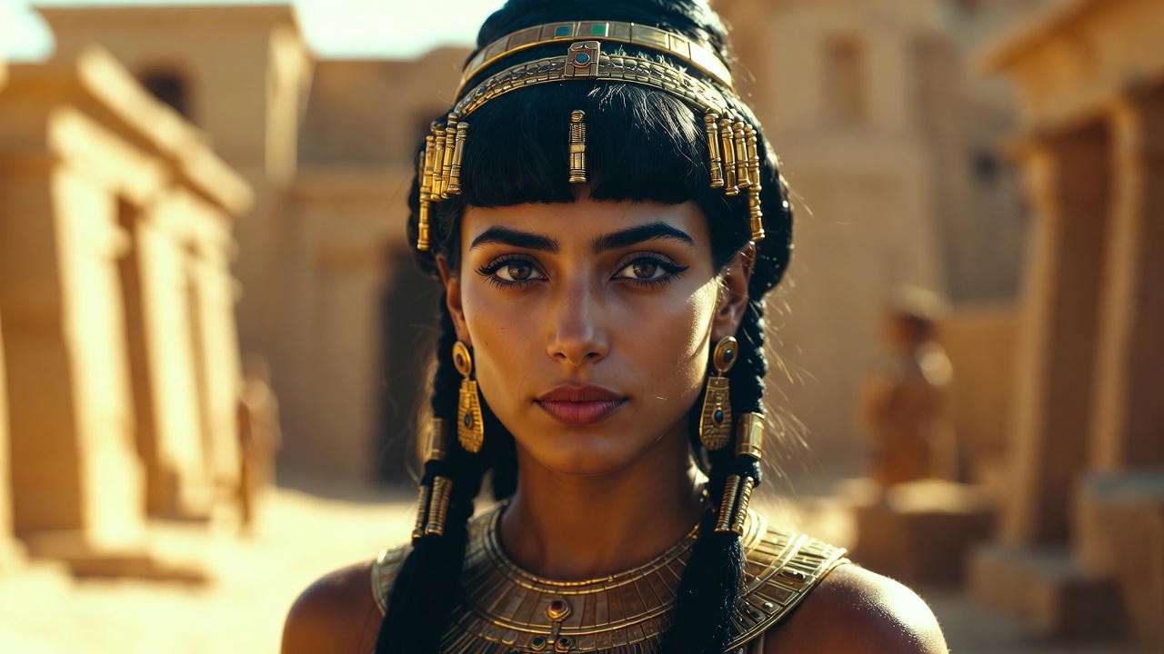 Historical portrait of Cleopatra VII, ancient Egyptian queen with gold jewelry and regal headdress in Shakespeare's Antony and Cleopatra analysis.
