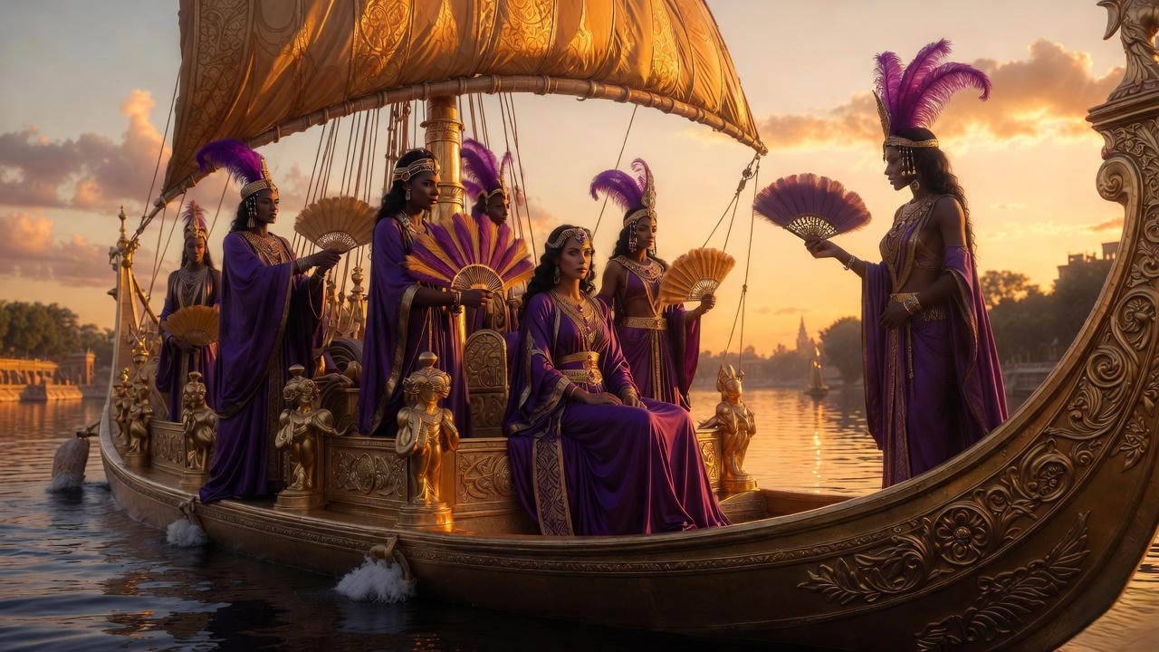 Cleopatra on her golden barge in Shakespeare's Antony and Cleopatra, showcasing her infinite variety and seductive power.