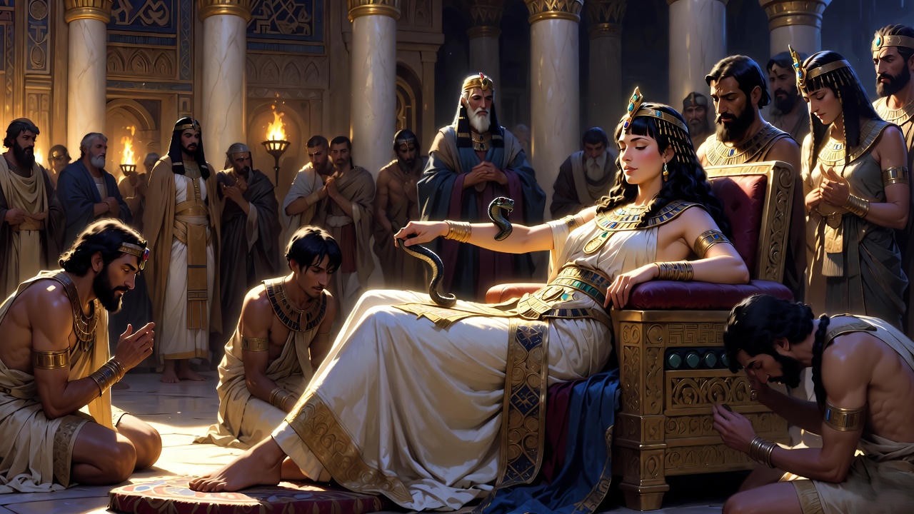 Cleopatra's death scene with asp in Shakespeare's Antony and Cleopatra, symbolizing tragic grandeur and vulnerability.