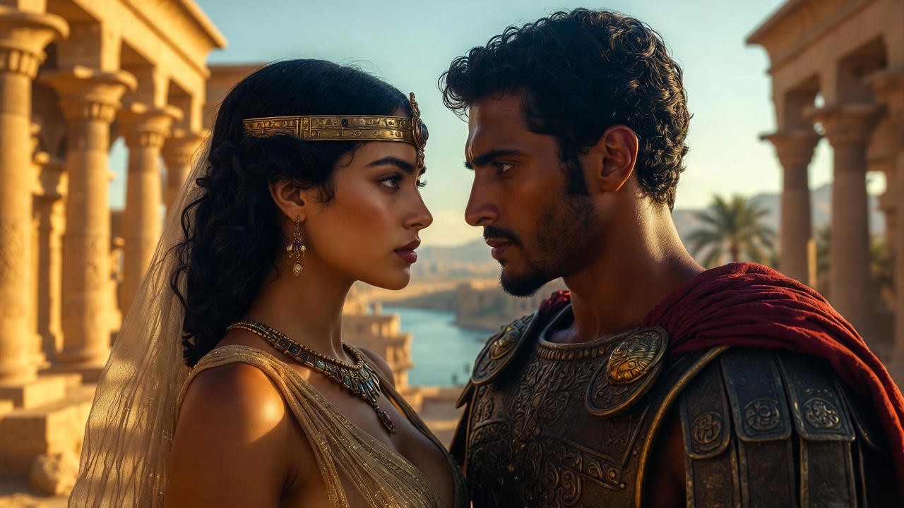 Cleopatra and Mark Antony in passionate embrace from Shakespeare's Antony and Cleopatra, highlighting their equal partnership.