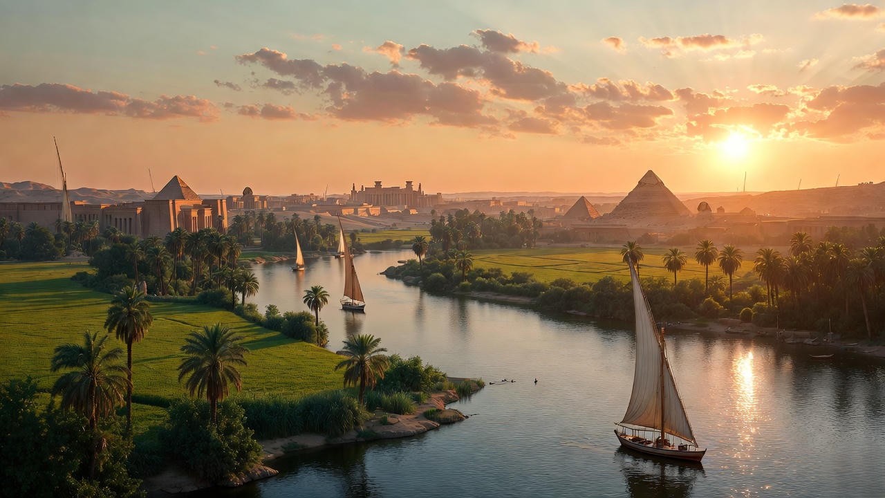 Ancient Nile River landscape symbolizing Egypt in Shakespeare's Antony and Cleopatra themes of East vs West.