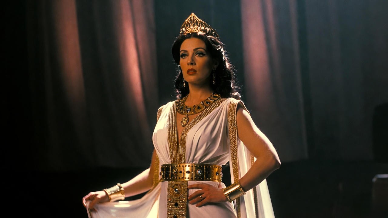 Classic RSC-inspired Cleopatra costume with flowing white silk gown and gold accents for Shakespeare theatre productions