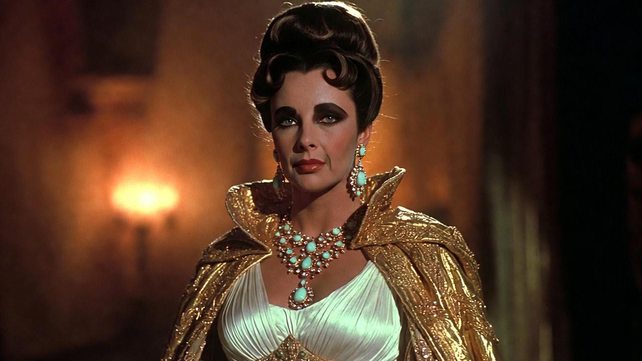 Elizabeth Taylor-inspired Hollywood glam Cleopatra costume with gold cape and turquoise accents for Halloween