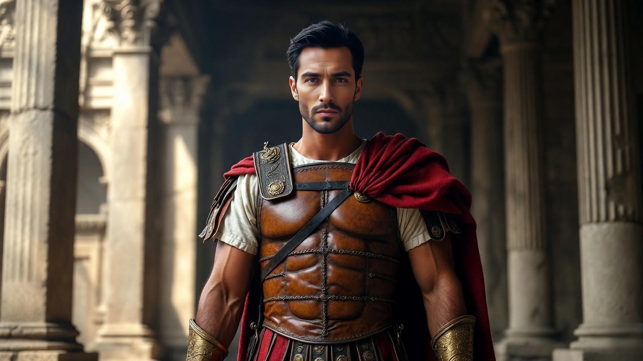 Mark Antony Roman general costume with leather armor and red cape in authentic Shakespeare Globe style