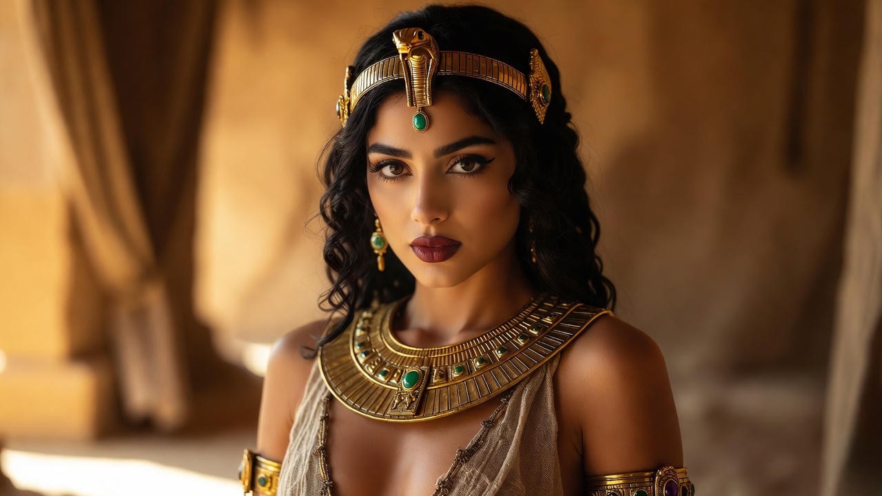 Authentic Ptolemaic Egyptian queen Cleopatra costume with sheer linen, serpent crown, and broad collar