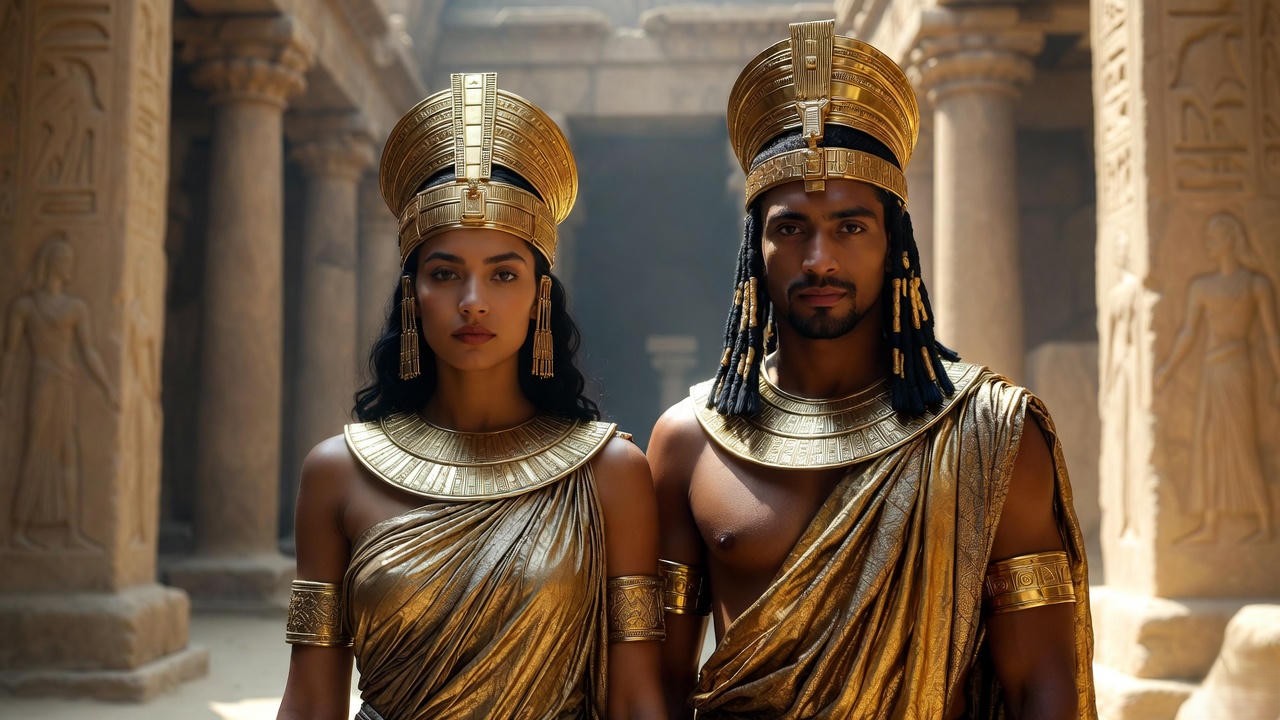 Luxurious Ptolemaic royal couple Antony and Cleopatra costumes with gold headdresses and temple-inspired details