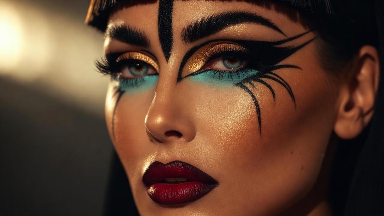 Dramatic Cleopatra makeup with kohl-lined eyes, turquoise shadow, and gold accents for authentic Shakespeare costumes