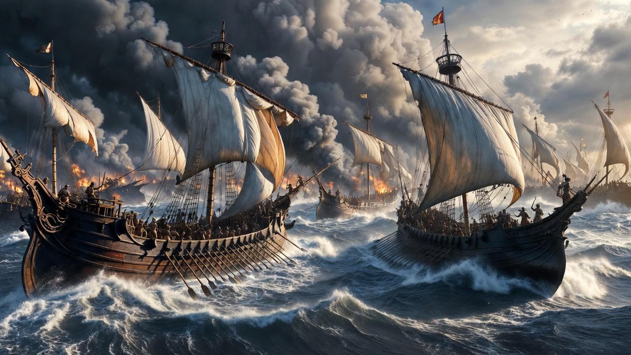 Dramatic depiction of the Battle of Actium in Antony and Cleopatra, showing the pivotal naval clash between Antony and Octavius Caesar