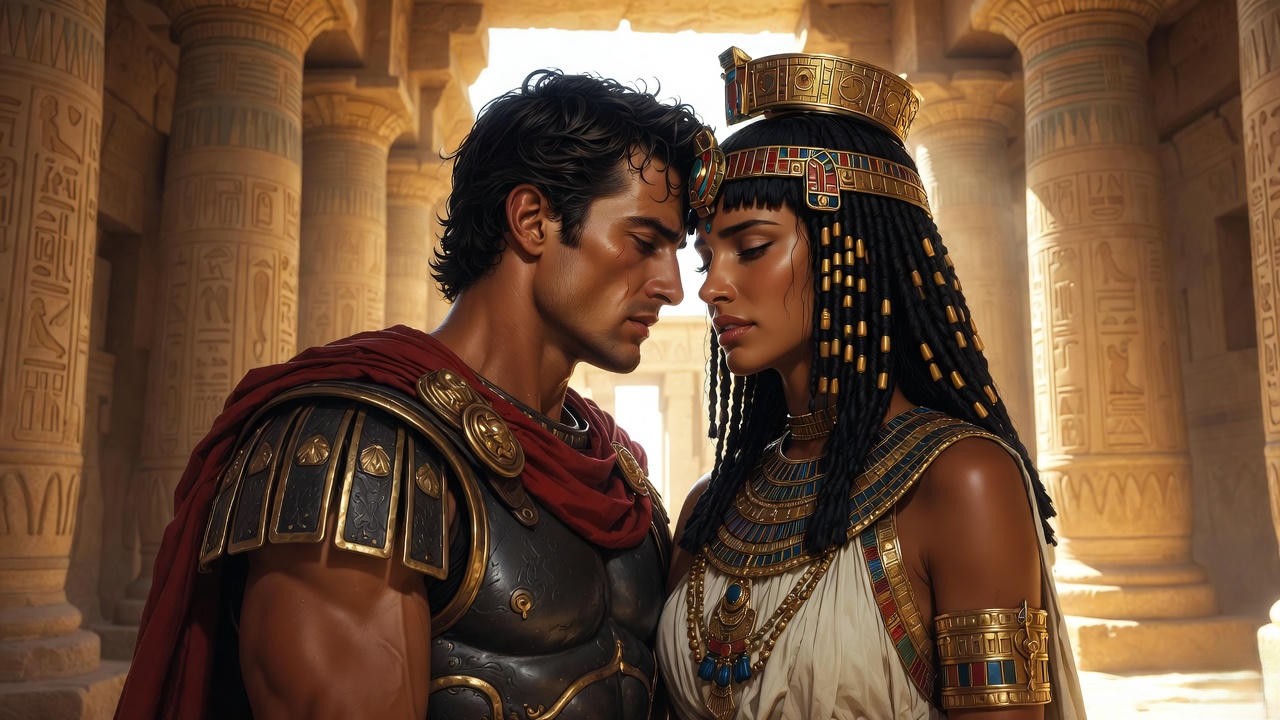 Mark Antony dying in Cleopatra's arms, tragic reunion scene from Act 5 of Shakespeare's Antony and Cleopatra