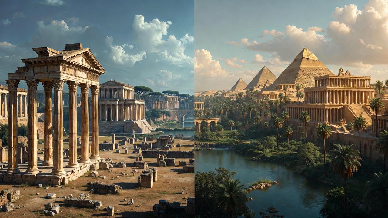 Visual contrast between Rome and Egypt symbolizing duty vs. passion in Shakespeare's Antony and Cleopatra