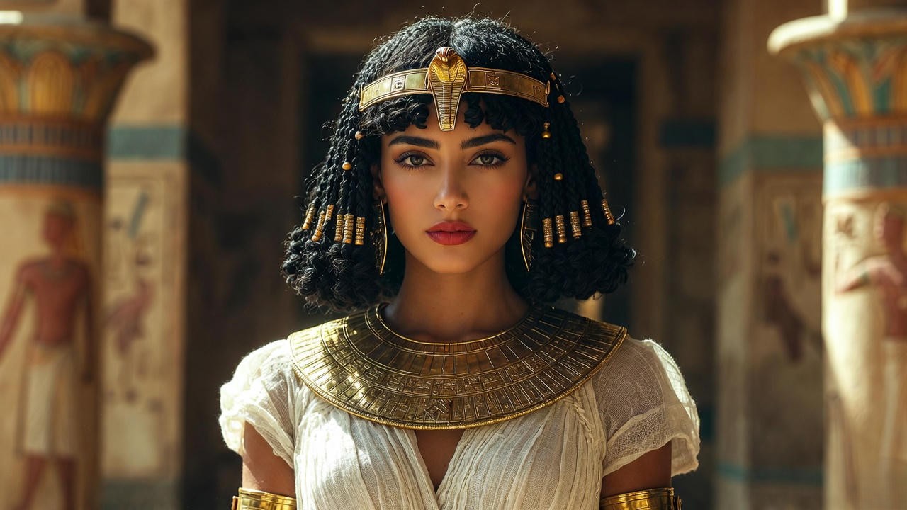 Authentic Ptolemaic Cleopatra costume reconstruction with linen dress, gold jewelry, and diadem for Shakespearean plays