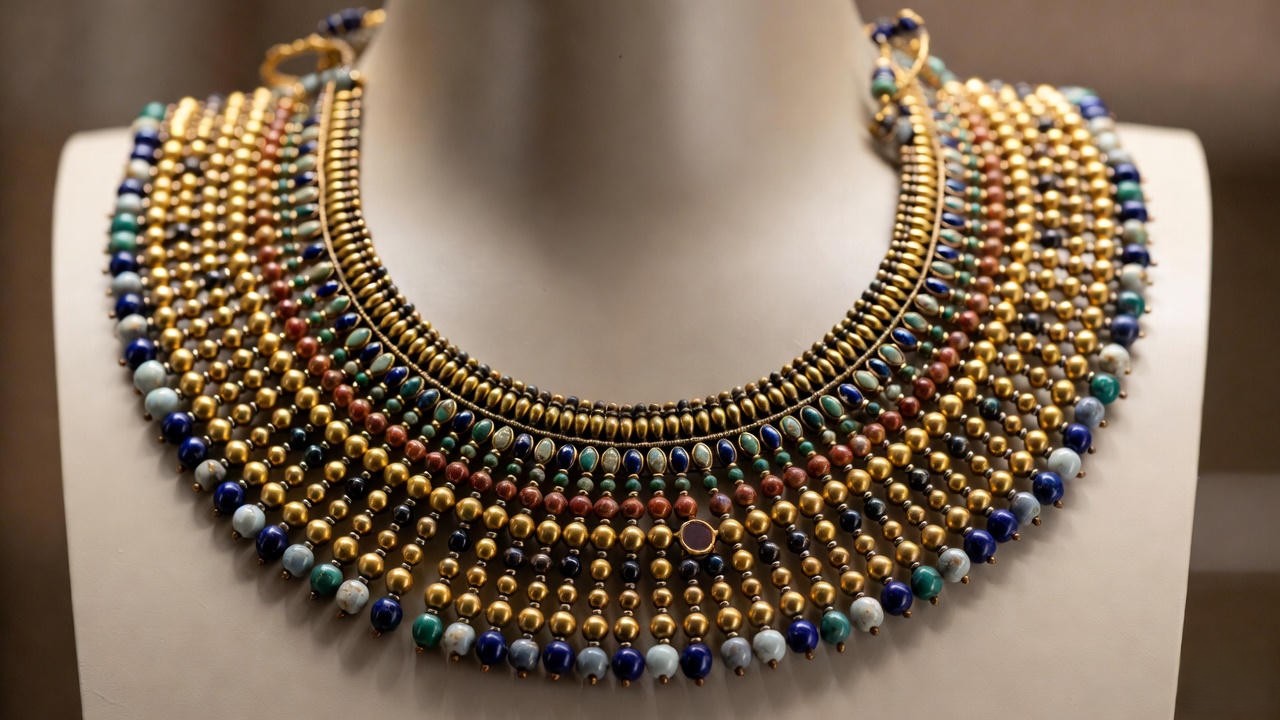 Ptolemaic Egyptian royal broad collar wesekh necklace in gold and beads historical detail