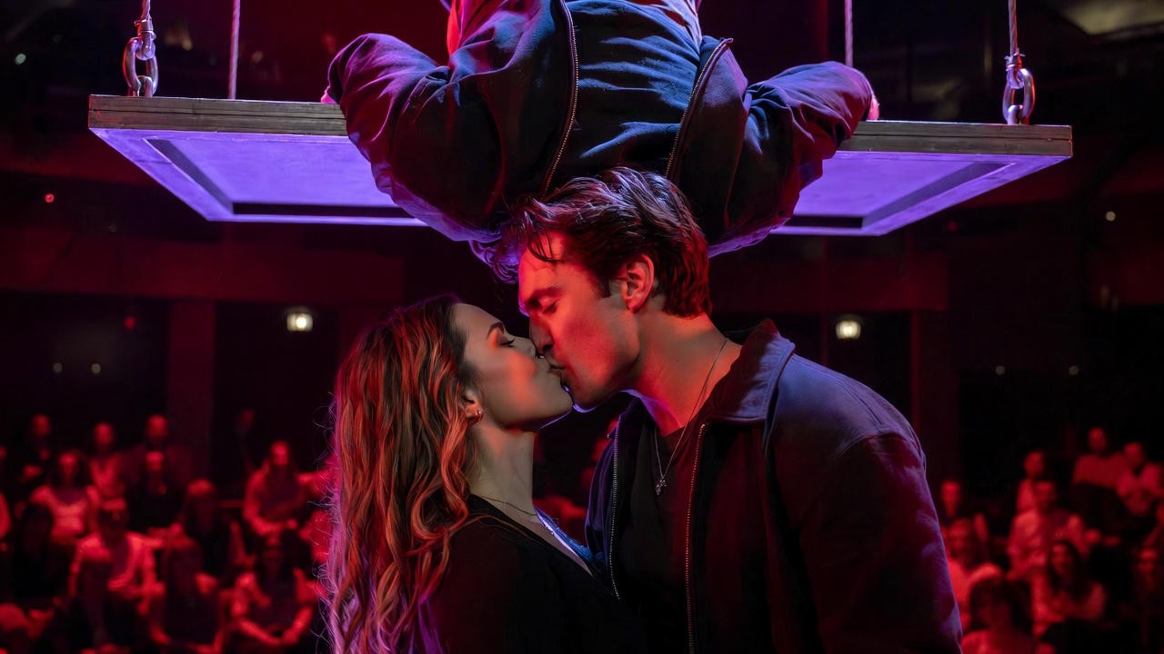 Kit Connor and Rachel Zegler share the viral upside-down balcony kiss in Sam Gold’s 2024 Broadway Romeo and Juliet revival