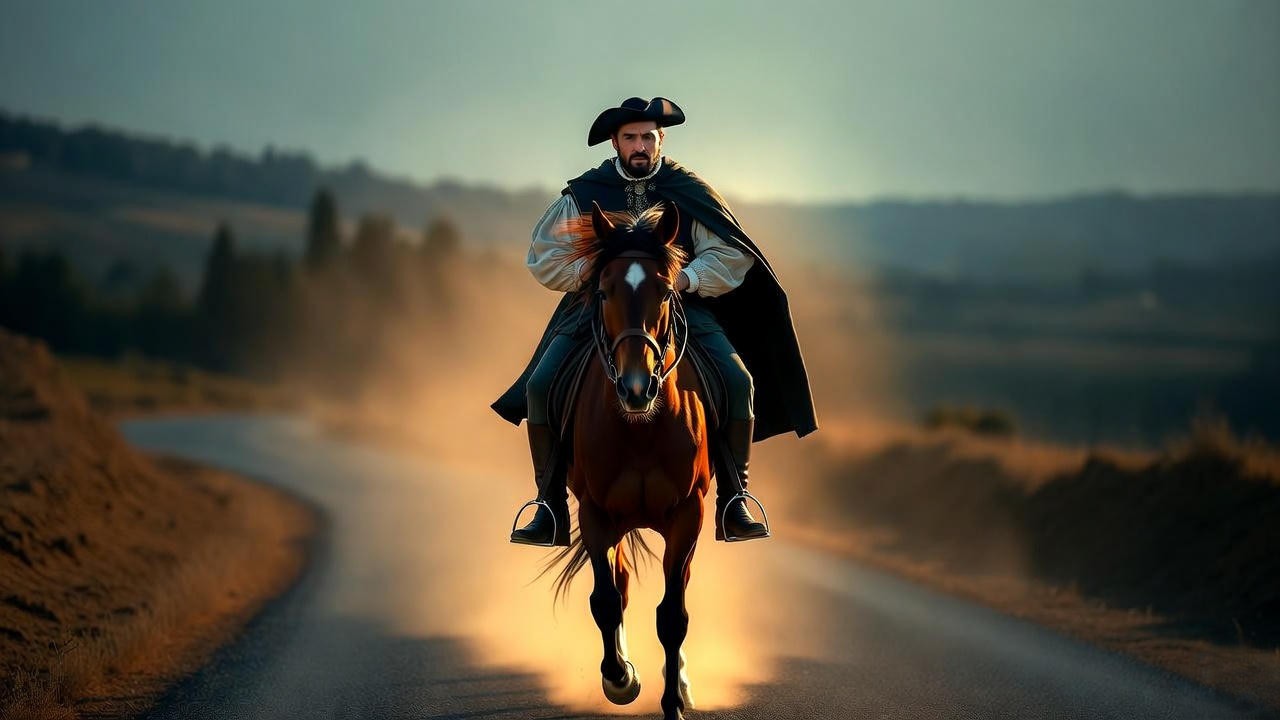 Balthasar riding hastily to Mantua to inform Romeo of Juliet's apparent death in Shakespeare's Romeo and Juliet
