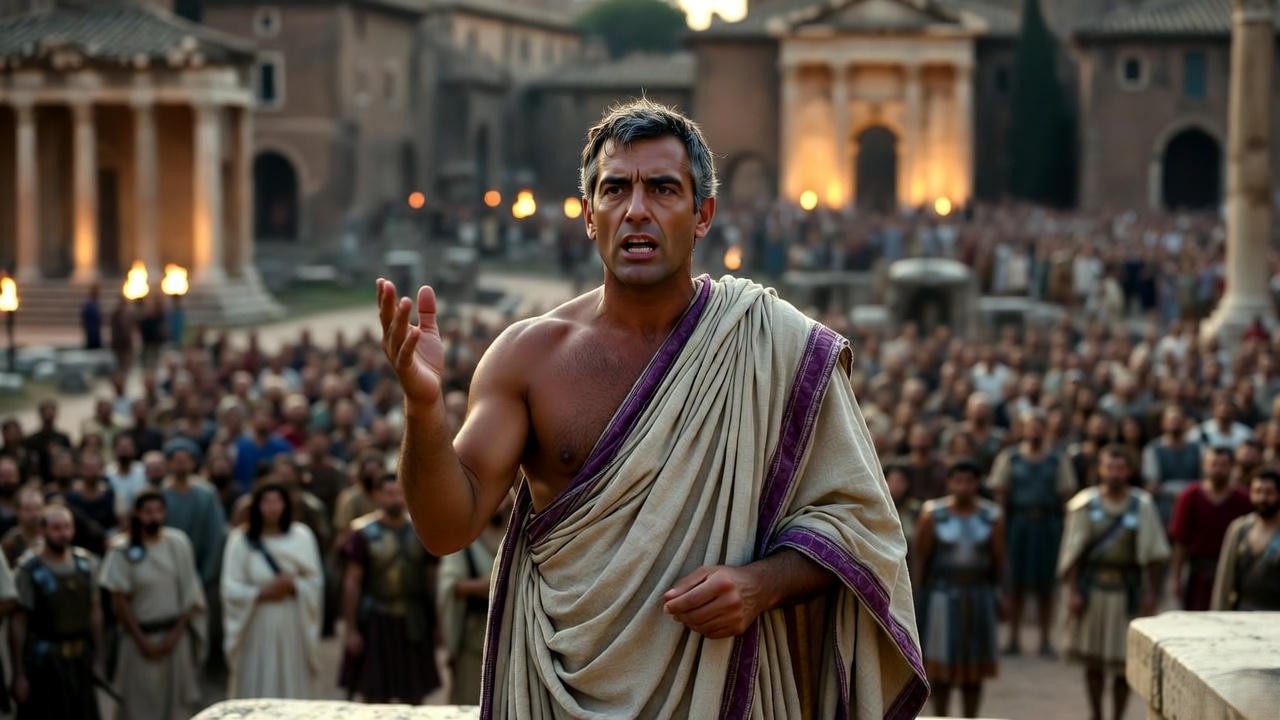 Mark Antony delivering the funeral oration in Julius Caesar