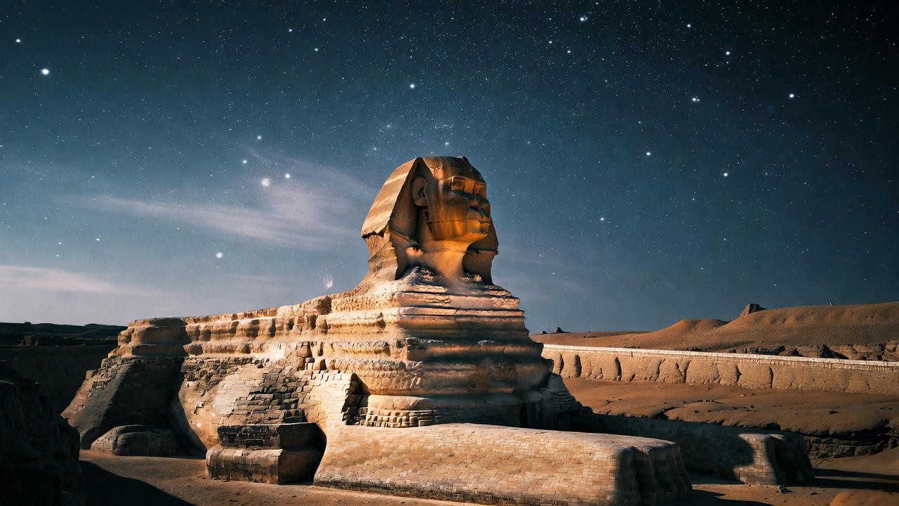 The Great Sphinx of Giza at night under starry sky, setting for Shaw's Caesar and Cleopatra play opening scene