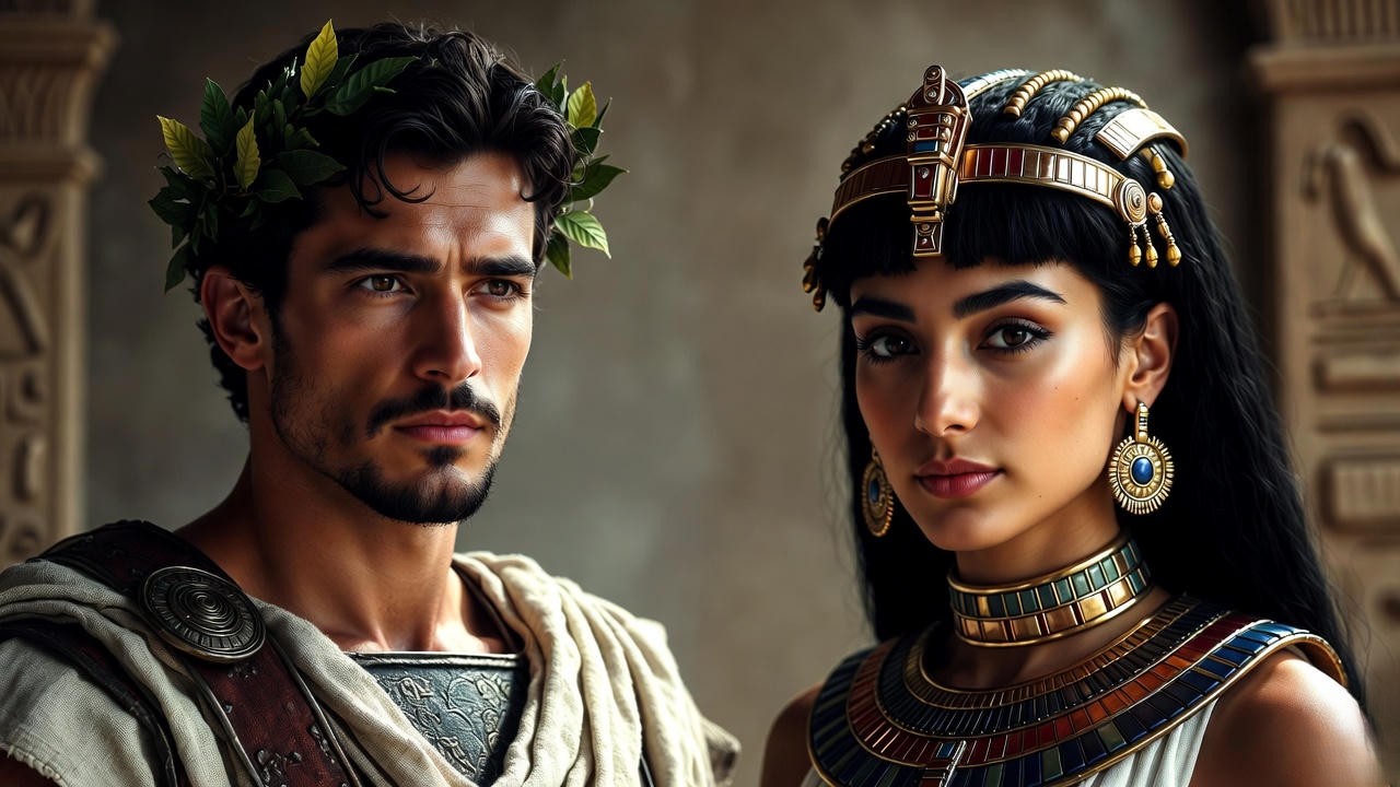 Historical portraits of Julius Caesar and Cleopatra VII side by side, real figures behind Shaw's play