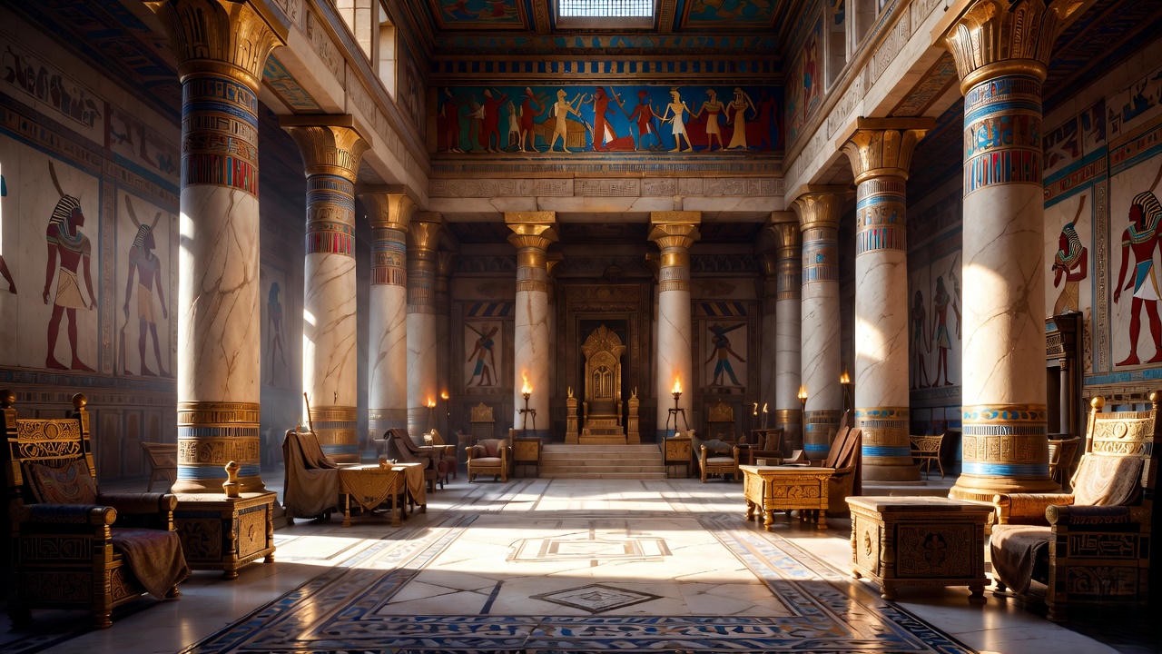 Opulent ancient Egyptian palace throne room in Alexandria, setting for intrigue in George Bernard Shaw's Caesar and Cleopatra