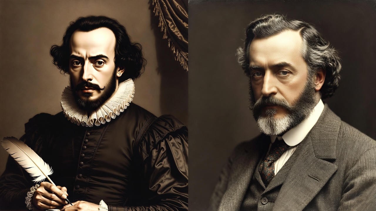 Portraits of William Shakespeare and George Bernard Shaw side by side, contrasting authors of Caesar/Cleopatra plays