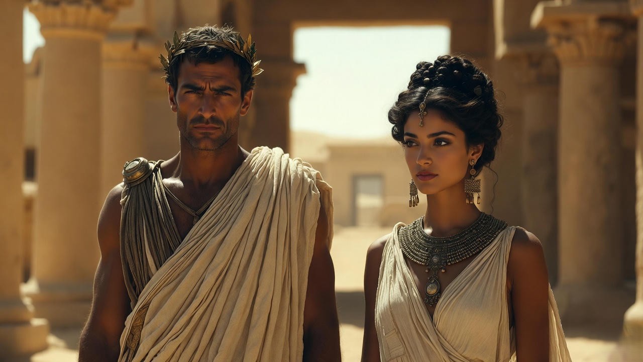 Scene from 1945 Caesar and Cleopatra film adaptation with Claude Rains and Vivien Leigh, Shaw's play on screen