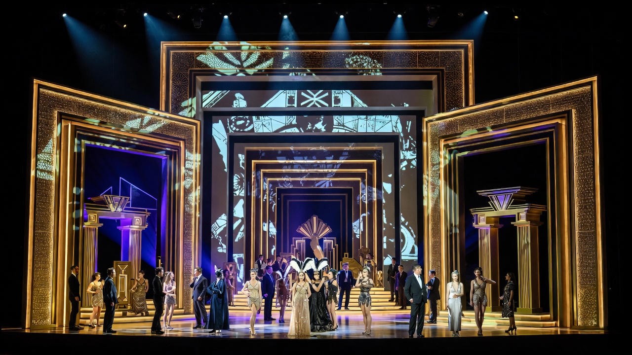 Art Deco stage set in Elkhanah Pulitzer's 1930s Hollywood reimagining of John Adams's Antony and Cleopatra at the Met Opera