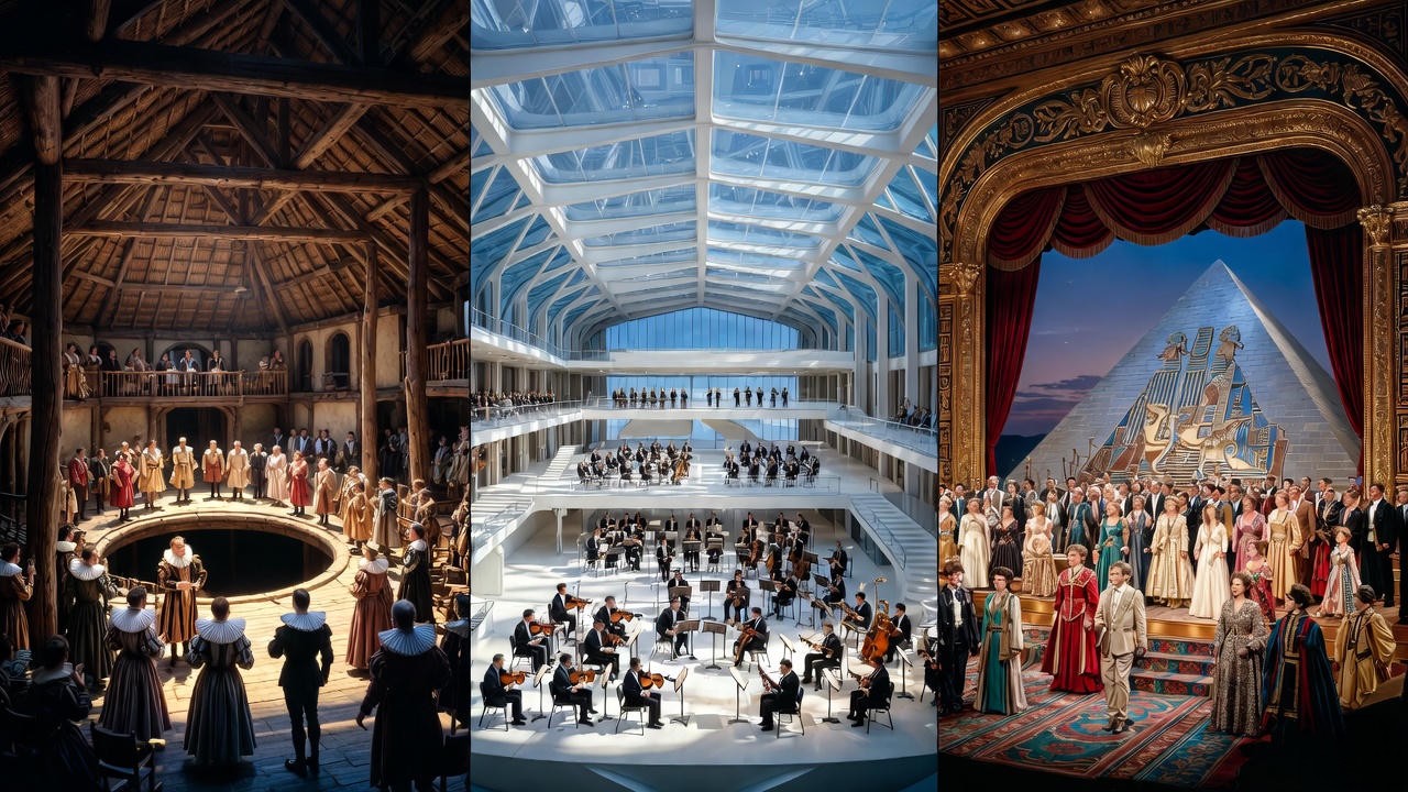 Stage scene from John Adams's modern adaptation of Antony and Cleopatra opera compared to Shakespeare original