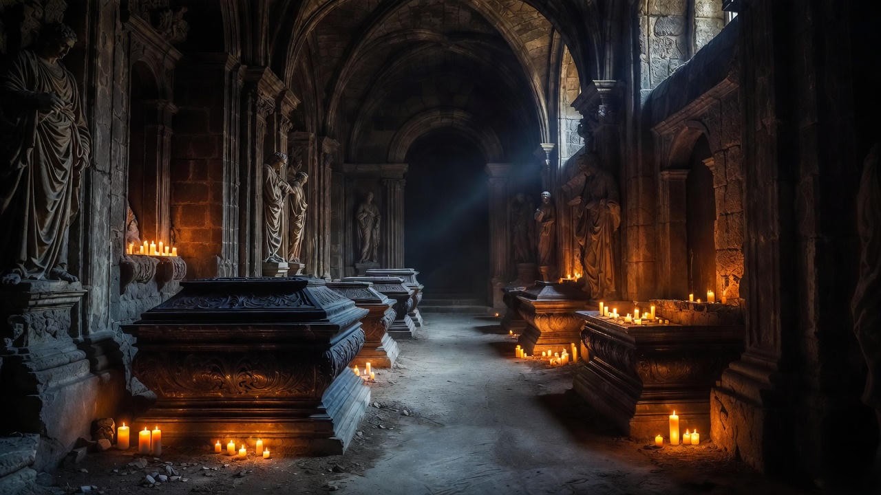Somber Renaissance tomb interior symbolizing Romeo and Juliet’s tragic end