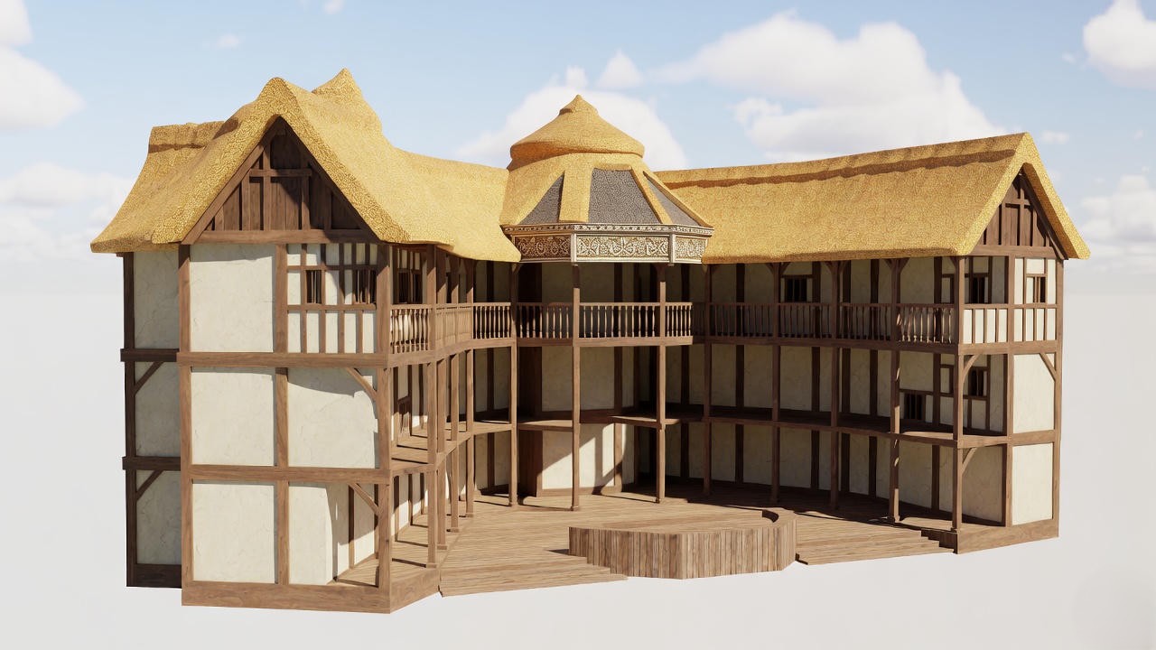 Historical rendering of the proposed Brooklyn Globe Theatre replica at 195 Montague St, showing Elizabethan architecture and thrust stage