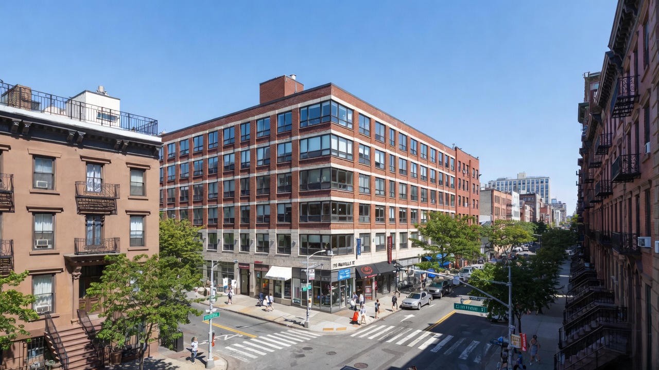 Current view of 195 Montague Street in Brooklyn Heights in 2025, the site where a Shakespeare Globe Theatre was once planned