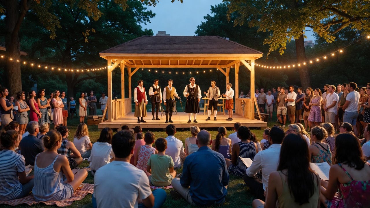 Contemporary outdoor Shakespeare performance in Brooklyn, continuing the legacy of community theater envisioned at 195 Montague St