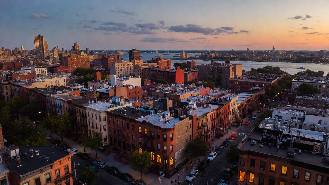 Aerial view of Brooklyn Heights showing the strategic location of 195 Montague Street near cultural landmarks and transit