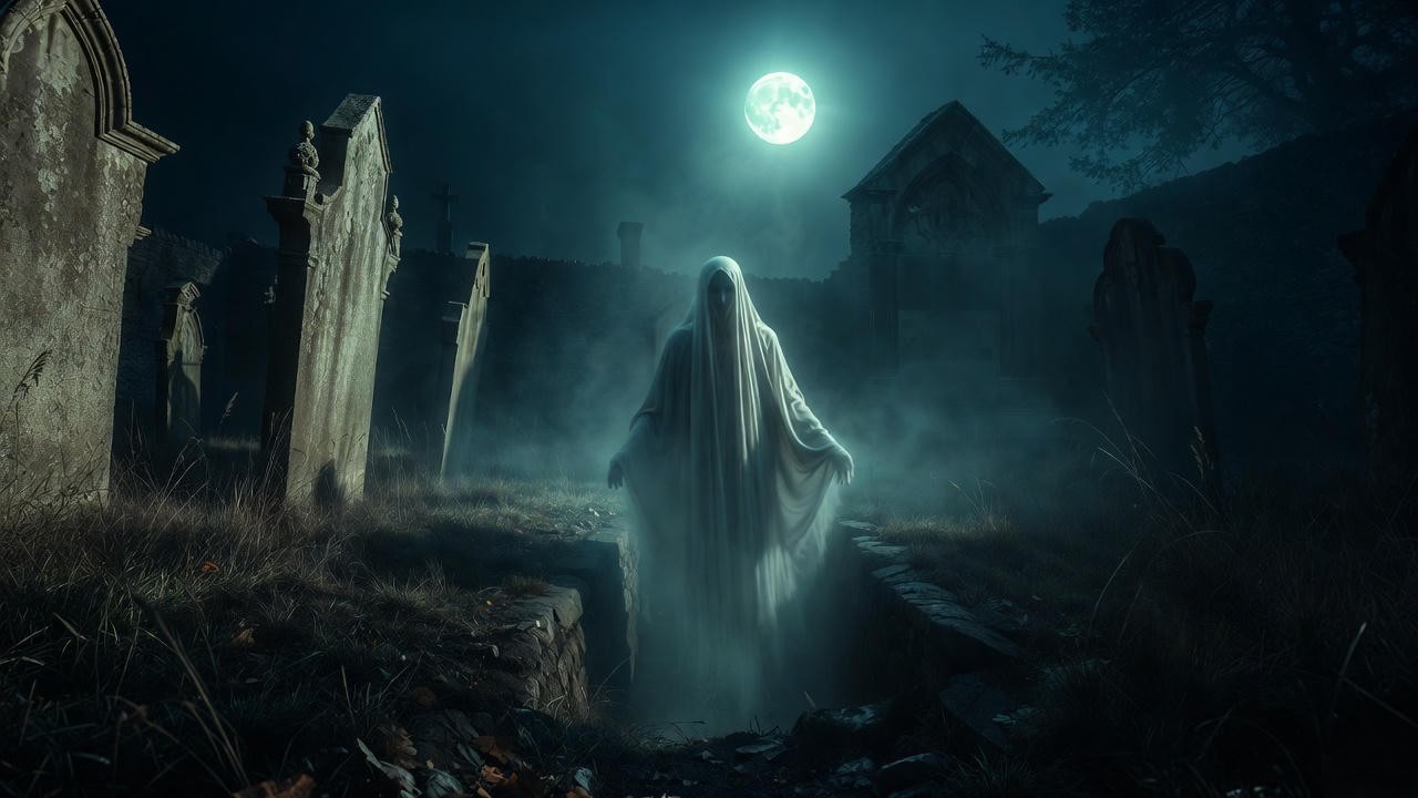 16th-century graveyard with ghostly figure rising from grave, representing Elizabethan beliefs about restless spirits