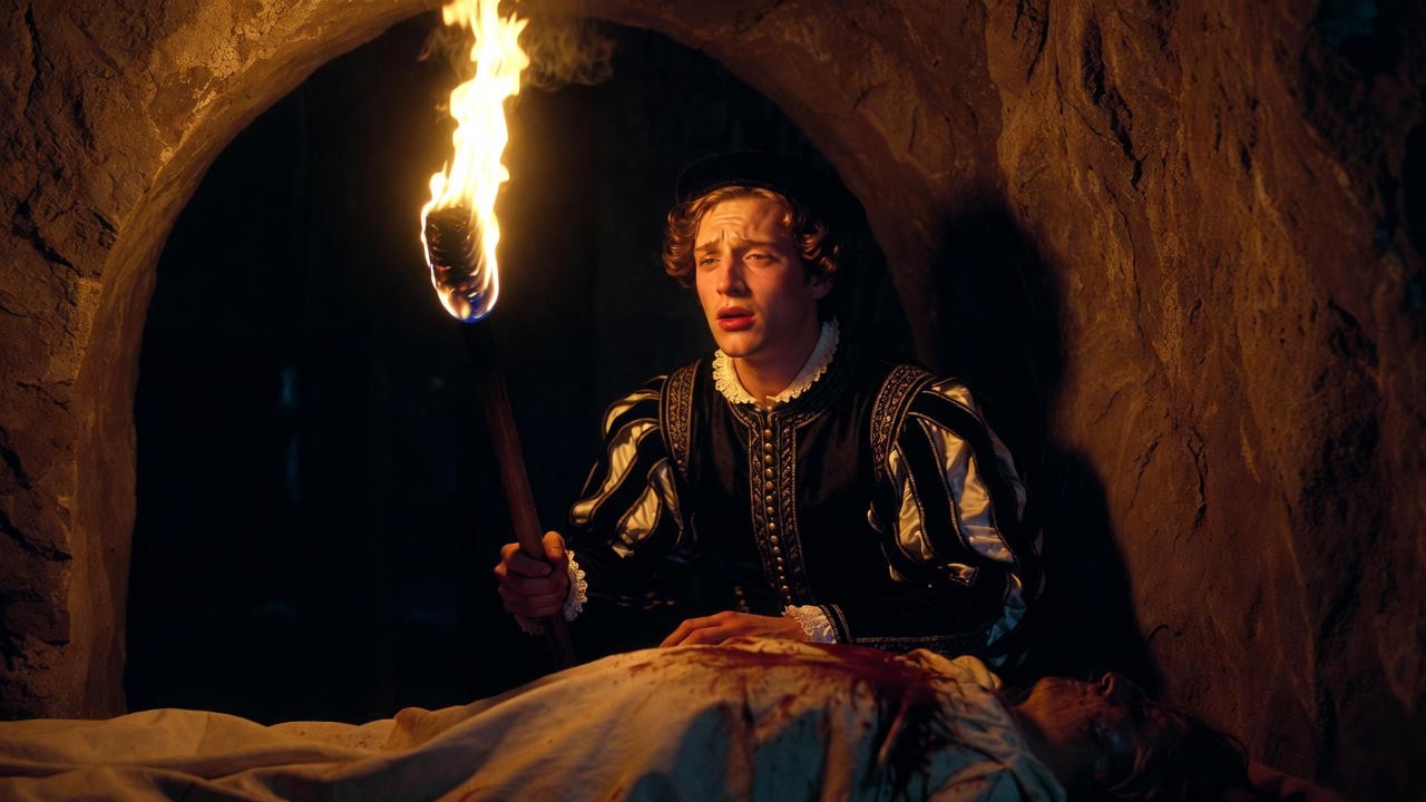 Romeo in the tomb, anguished and kneeling beside Tybalt’s body, moment of deep guilt in Romeo and Juliet