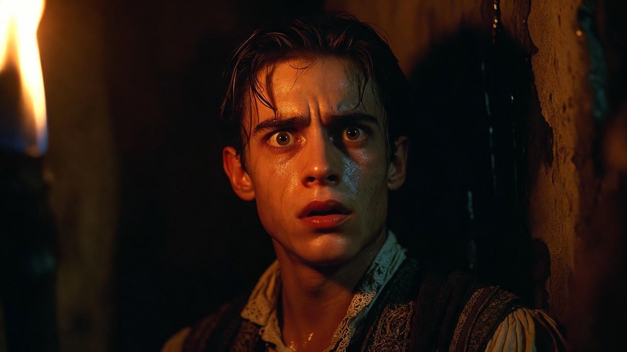 Romeo’s terrified expression in the Capulet tomb, showing psychological guilt and fear of retribution