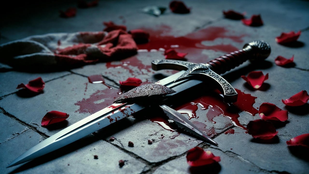 Broken sword and blood-stained cloth symbolizing the cycle of violence in Shakespeare’s Romeo and Juliet