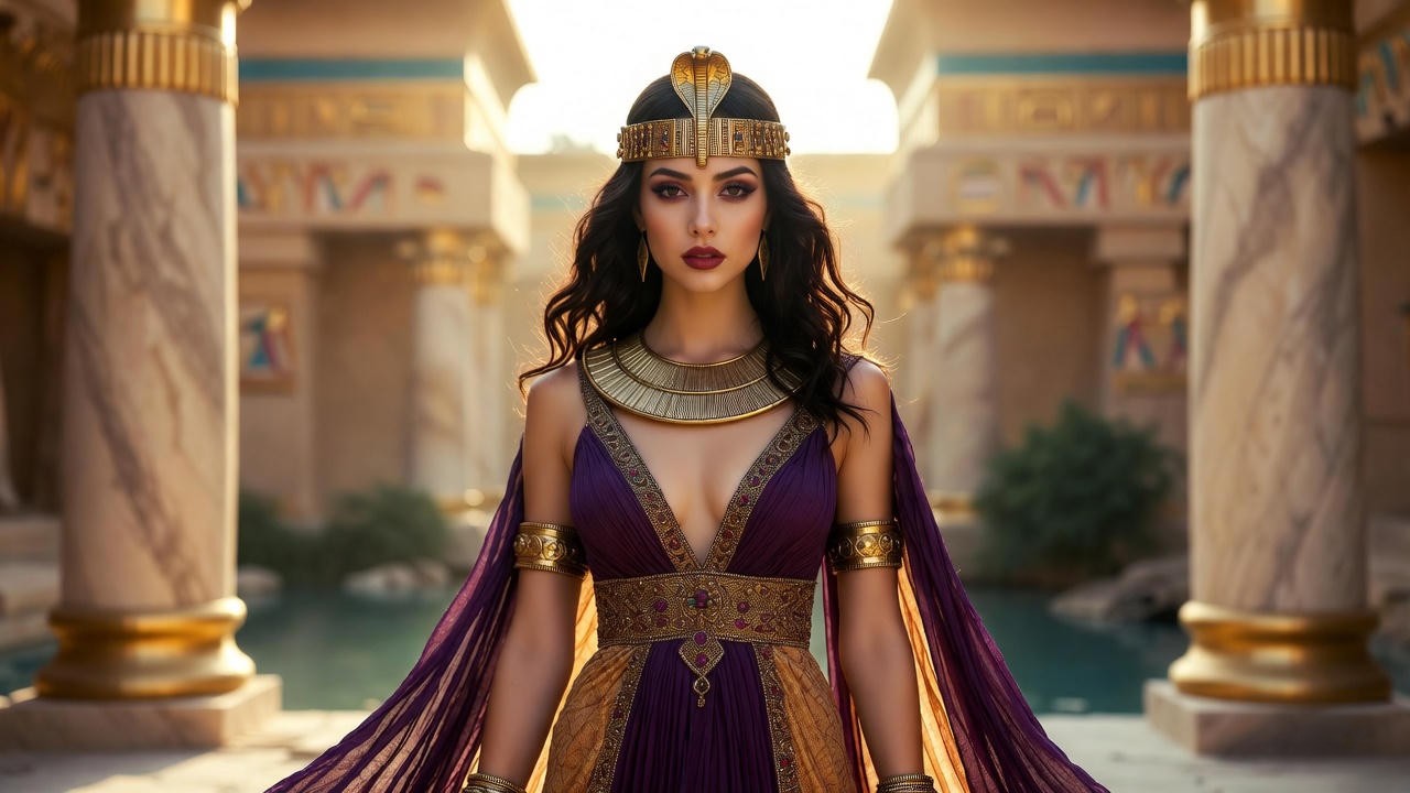Cleopatra costume inspired by Shakespeare's Antony and Cleopatra featuring purple gold gown and Egyptian jewelry