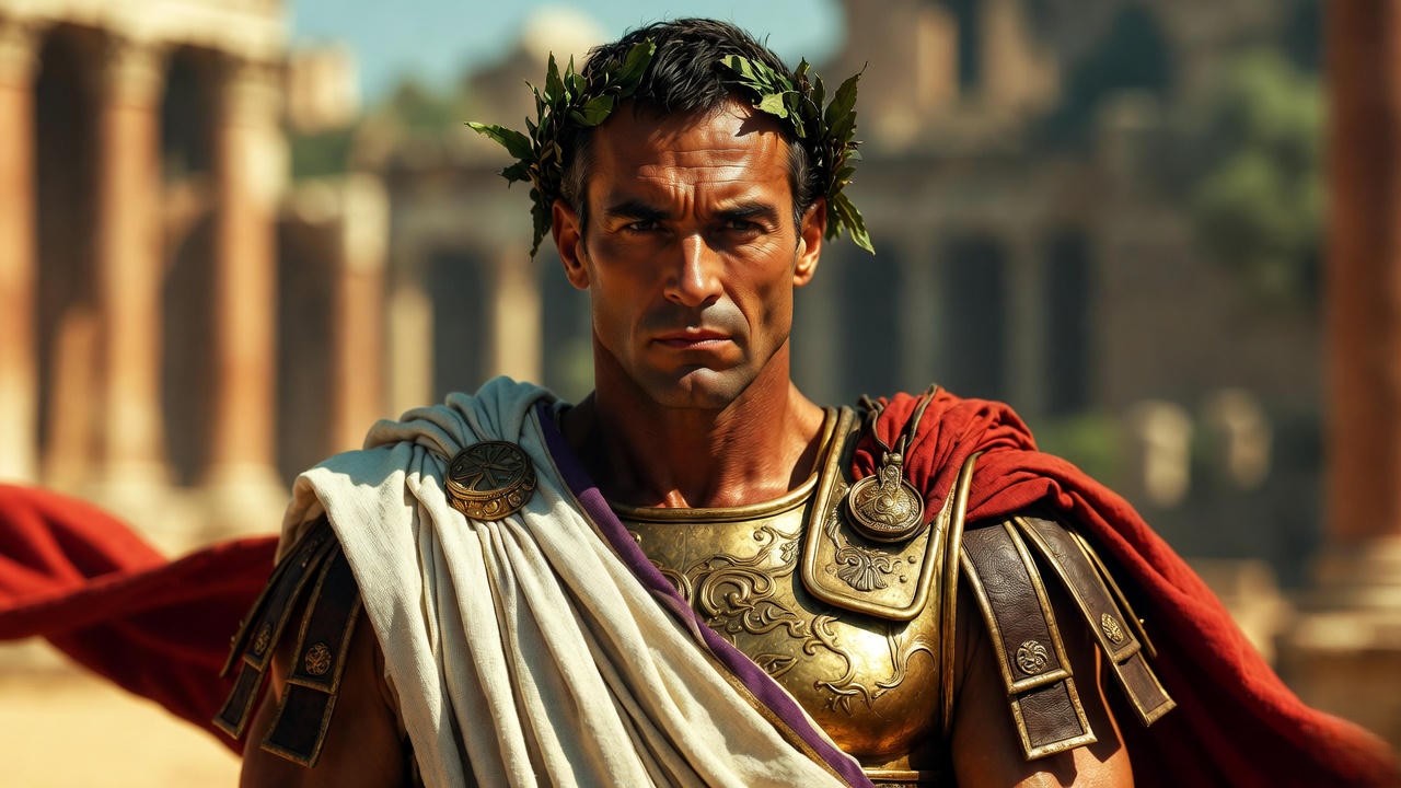 Mark Antony Roman costume with toga purple border and military armor from Shakespeare's play