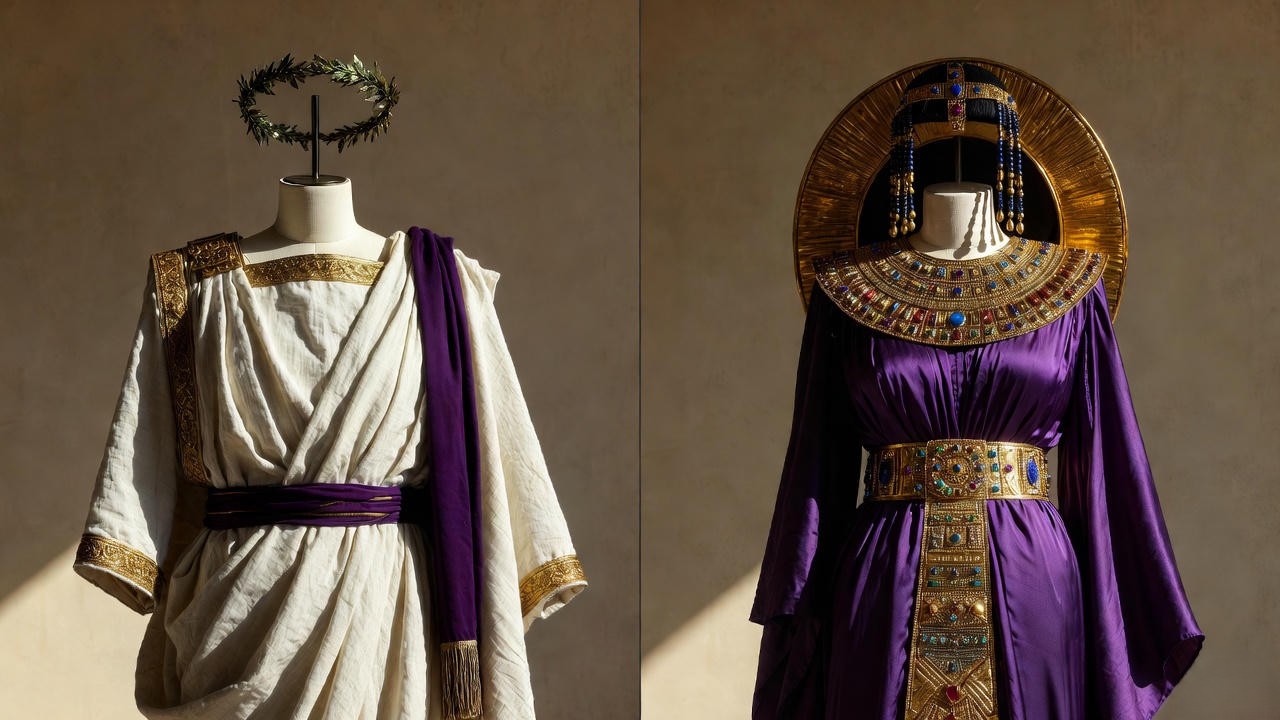 Couples Antony and Cleopatra costume ideas side by side Roman toga and Egyptian gown Shakespeare inspired