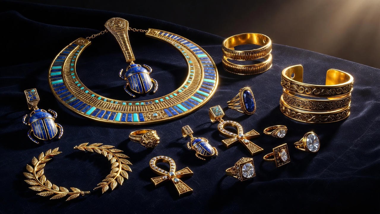 Ancient Egyptian and Roman jewelry accessories for Antony and Cleopatra costumes including broad collar and laurel wreath