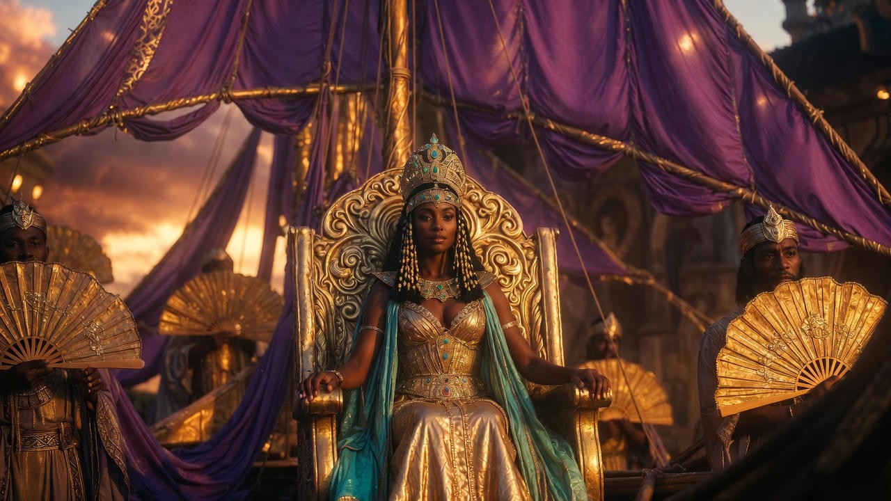 Iconic Cleopatra on golden barge costume scene inspired by Shakespeare's Enobarbus description