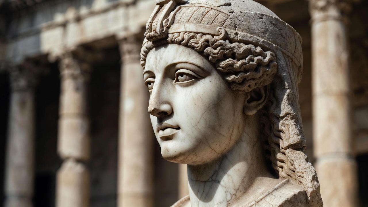 Historical marble bust of Cleopatra VII, the last Ptolemaic queen of Egypt.