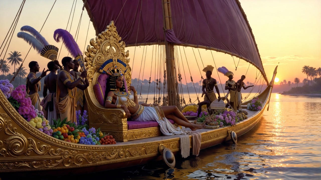 Cleopatra on her magnificent barge on the Nile, embodying infinite variety in Shakespeare's Antony and Cleopatra.