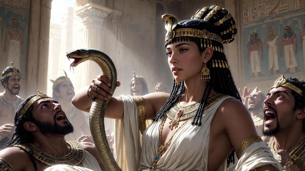 Cleopatra's defiant suicide with the asp in Shakespeare's Antony and Cleopatra tragic scene.