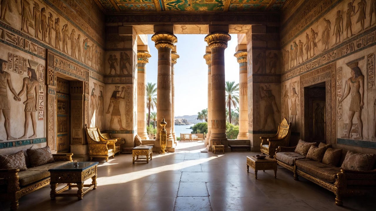 Opulent ancient Egyptian palace interior with Nile view, setting for Cleopatra's court in Antony and Cleopatra.