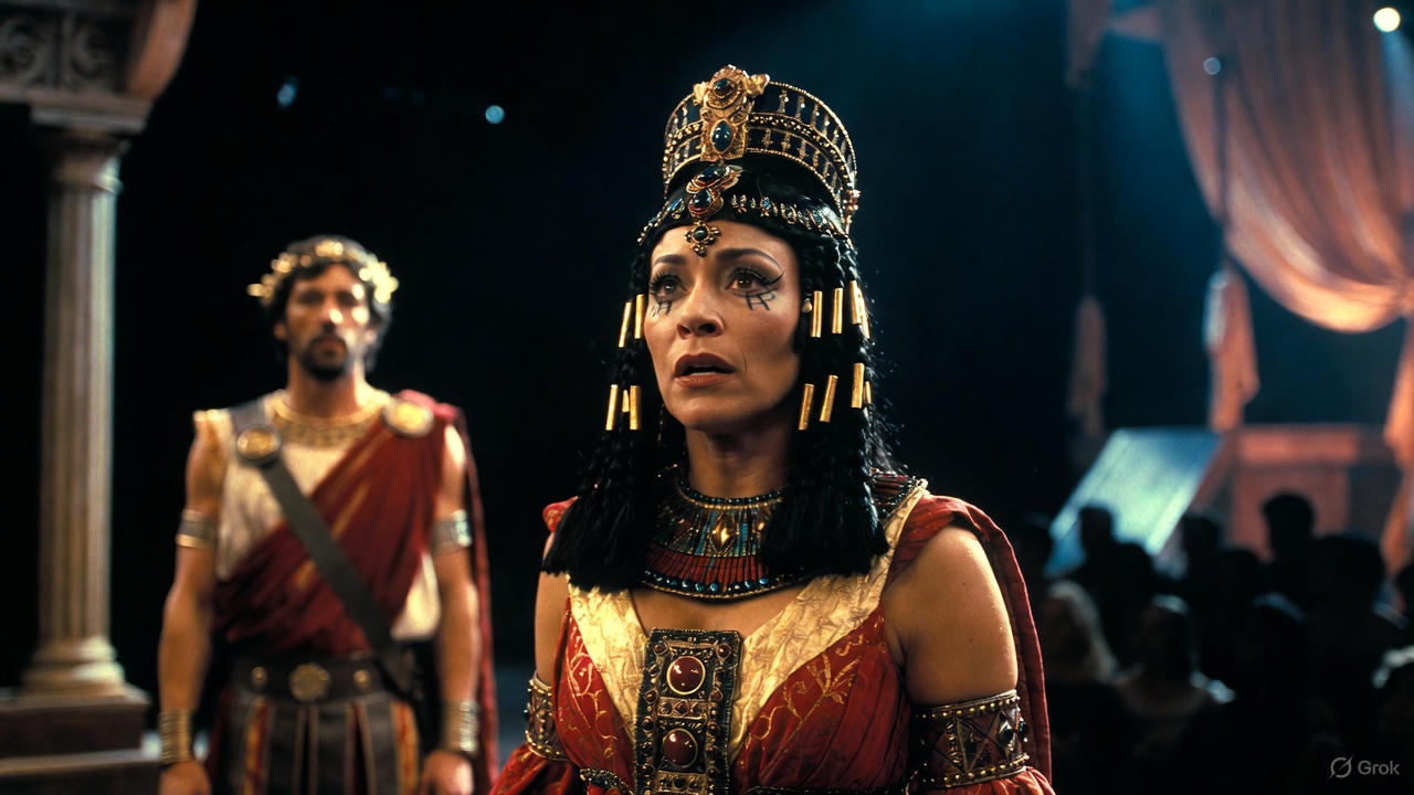 Stage performance of Cleopatra in Shakespeare's Antony and Cleopatra, capturing tragic depth and infinite variety.
