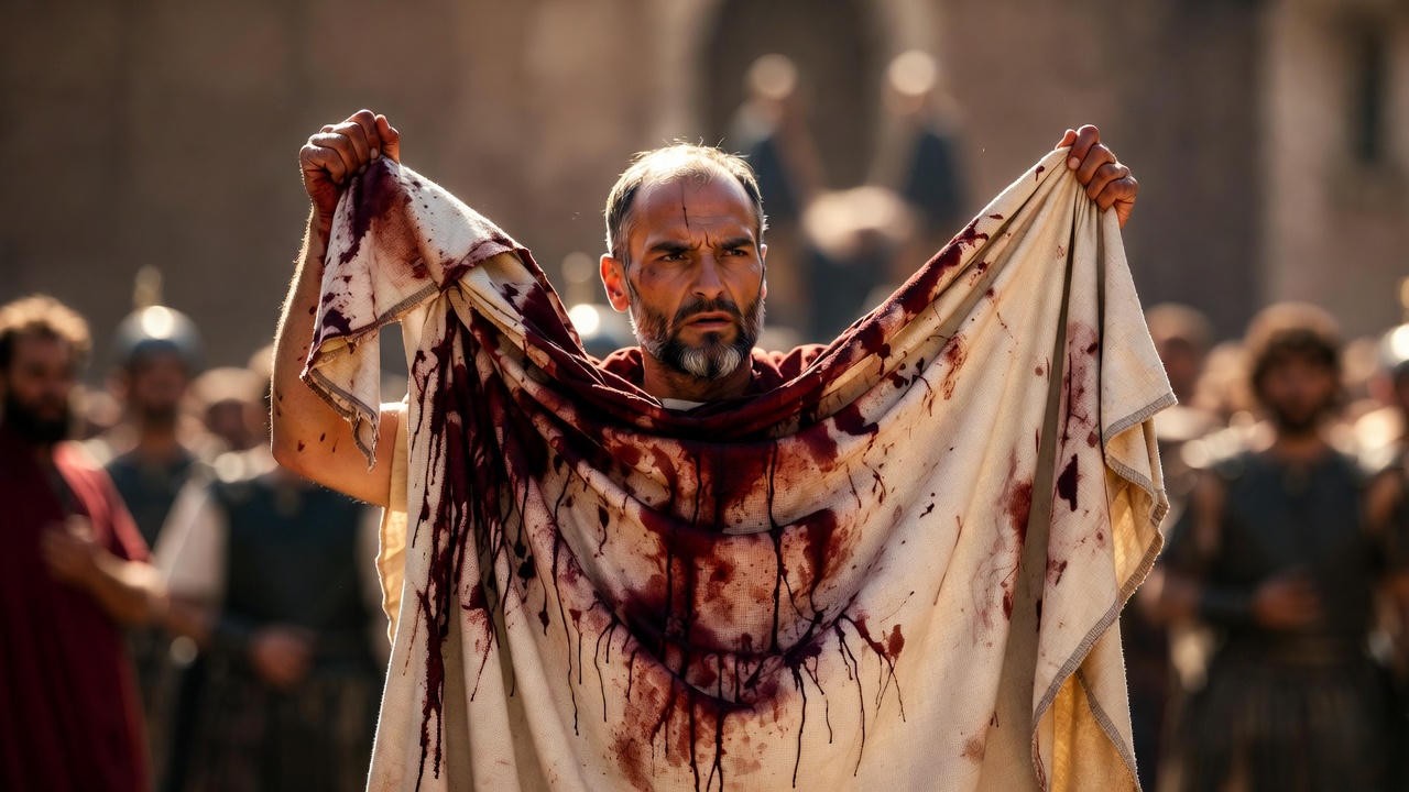 Mark Antony displaying Caesar's bloody mantle during the funeral speech in Julius Caesar