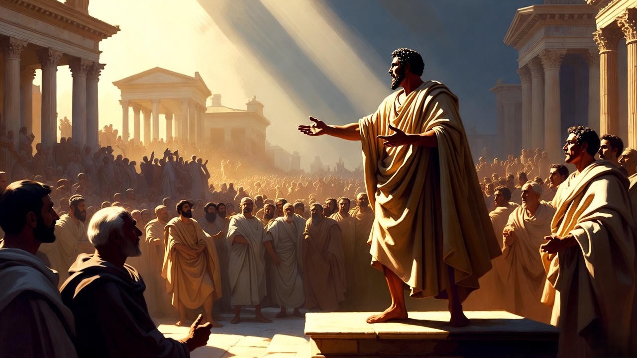 Ancient Roman orator demonstrating rhetorical persuasion techniques in a public speech